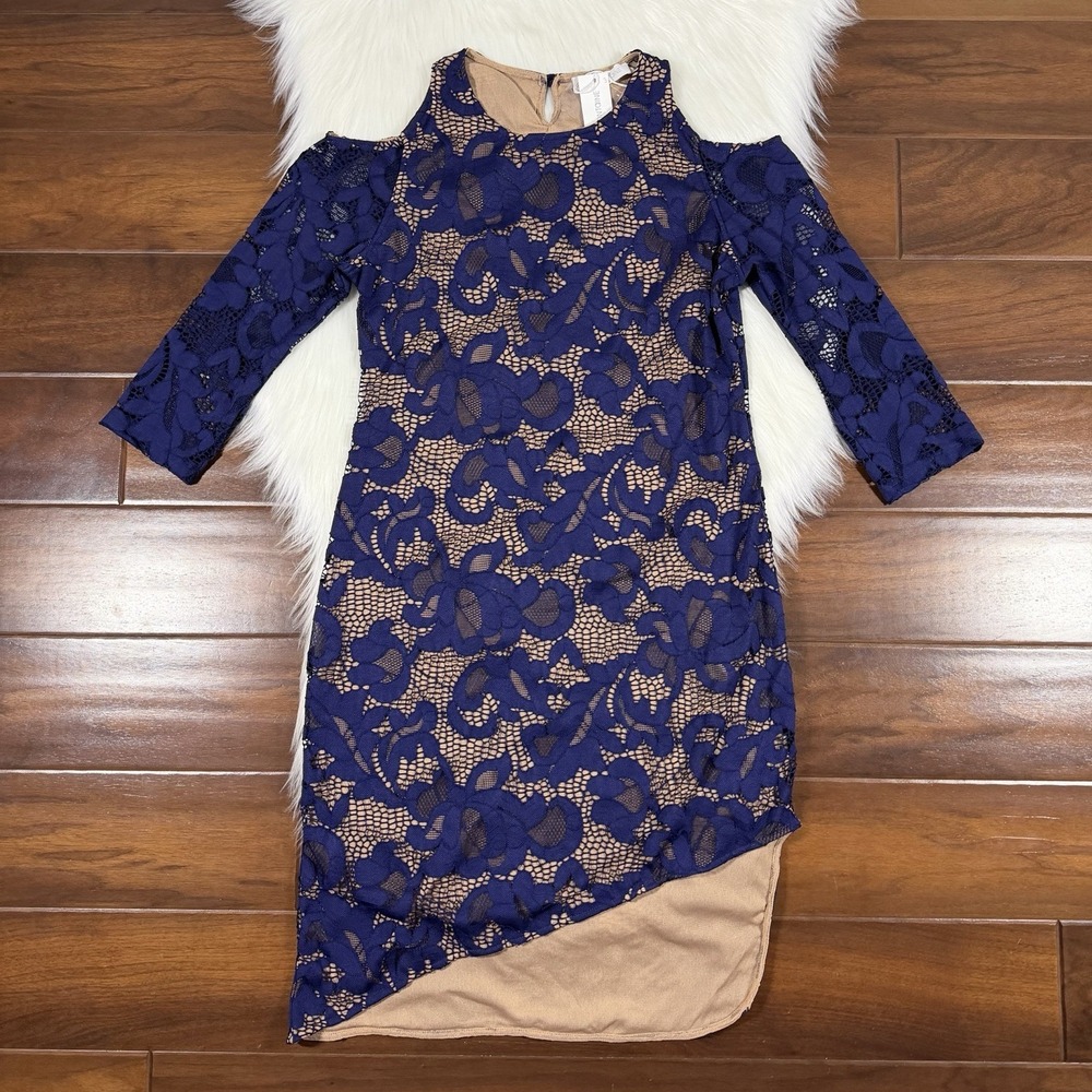 Anne Fontaine Size‎ 40 US 6 / 8 Blue Lace Celma Cold Shoulder Asymmetrical Dress